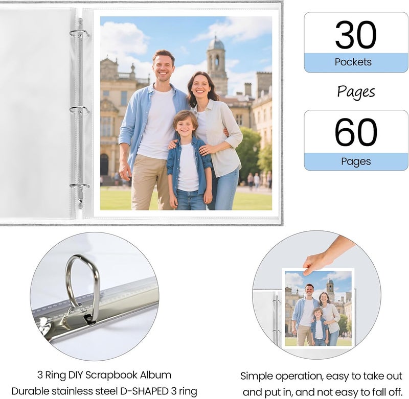 LUOCCHI 12x12 Inch Large 3 Ring Binder Scrapbook Album, Linen Cover Scrap Books 30 Pocket with Plastic Sleeves Protectors Display 60 Pages 12 x 12 Art Portfolio for Wedding Baby Adventure (Cyan Blue) - Image 4